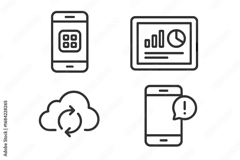 Fototapete mobile app icon set. outline icons of business applications. smartphone app menu, tablet with data d