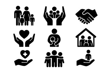 Family and community solid icon set. Support, care, charity, shelter, and aid glyph icons. Social work, protection, love, help, donation, and friendship vector symbols.