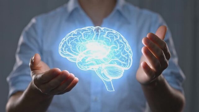 Person holding holographic brain projection with neural network pattern in open hands. Artificial intelligence, neuroscience, and digital data analysis concept. Design for banner, poster, wallpaper, h