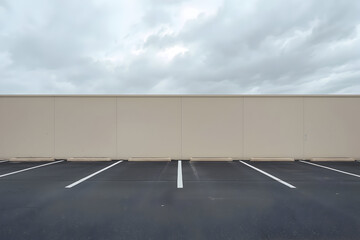 Open Air Parking Lot with Striped Lanes Against a Plain Wall under Cloudy Sky