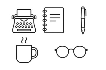 Writing tools icon set, outline style. Author workspace essentials with vintage typewriter, spiral notebook, fountain pen, steaming coffee mug, and round eyeglasses. Vector illustration.