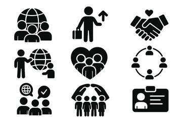 Immigration and cultural integration solid icon set. Diverse community, refugee support, and multicultural society symbols. Vector glyphs for unity, global migration, and diversity.
