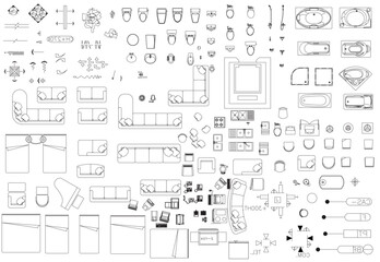 Interior Design Drawing Tools Vector Set – Bathroom, Living Room, Bedroom and More