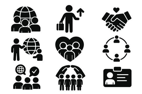 Immigration and cultural integration solid icon set. Diverse community, refugee support, and multicultural society symbols. Vector glyphs for unity, global migration, and diversity.