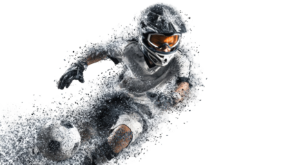 Action shot of a person in winter sports gear, surrounded by a dynamic burst of snow or water