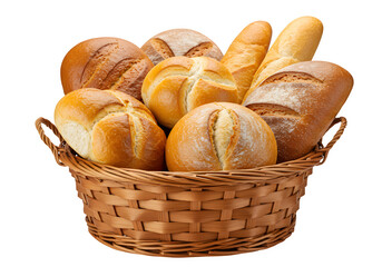 An abundant basket filled with various types of fresh breads showcasing artisan baking techniques and the joy of homemade treats isolated on white or transparent background. PNG
