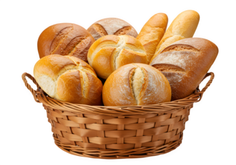 An abundant basket filled with various types of fresh breads showcasing artisan baking techniques and the joy of homemade treats isolated on white or transparent background. PNG