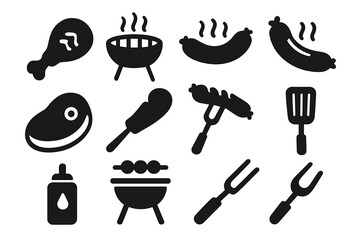 Meat cooking solid icon set. BBQ, grilling, and kitchen tools glyph style icons. Vector collection with steak, sausage, chicken leg, grill, fork, and spatula symbols.