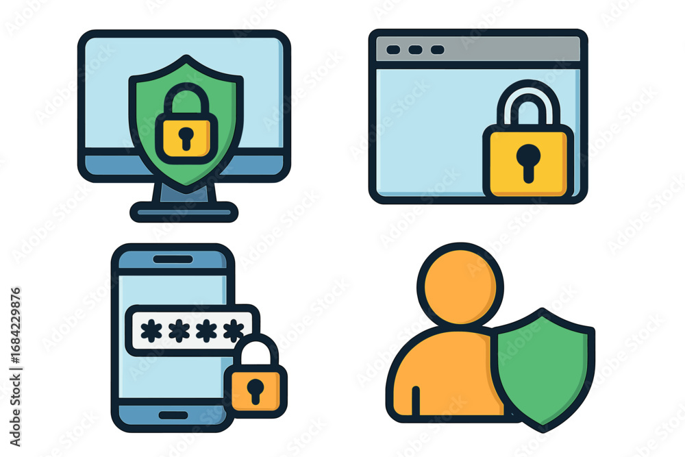 Poster cybersecurity icon set. digital online safety and data protection concept. vector illustration of co