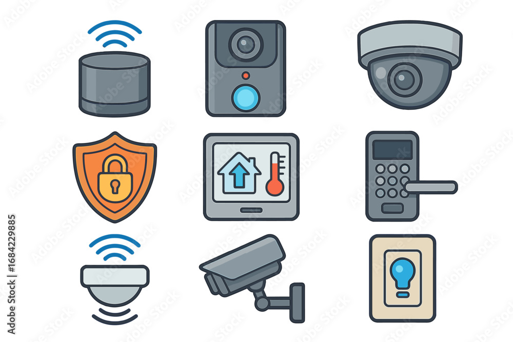Poster smart home technology icon set. vector illustration of home automation, security system, and iot dev