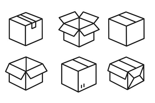 Cardboard box icon set. Shipping package and parcel line art collection. Open and closed delivery boxes. Simple linear vector illustration with editable stroke for web or apps.