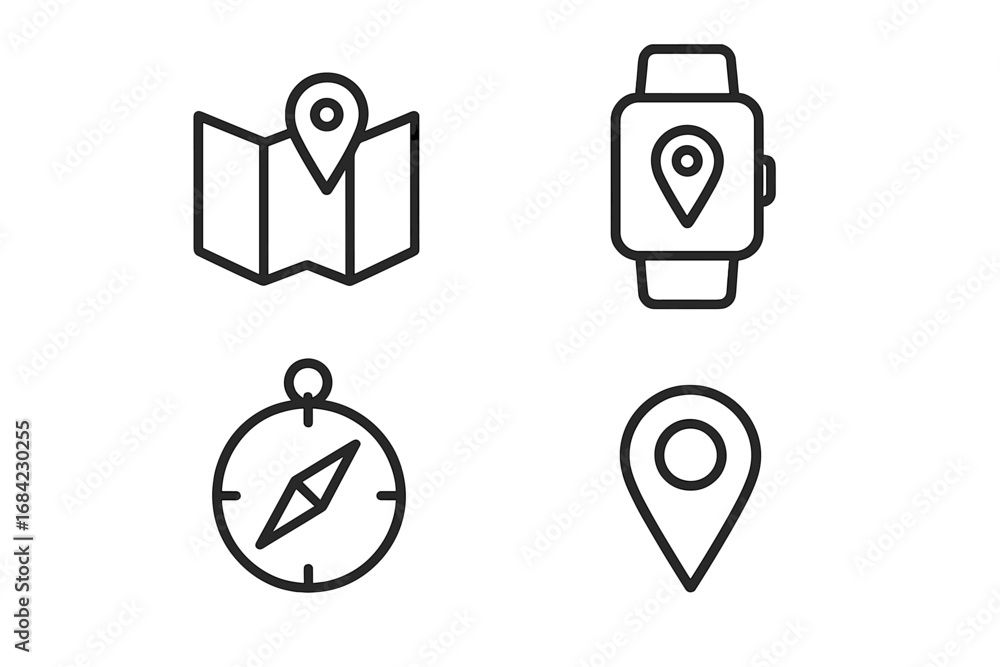 Aufkleber location and navigation line icon set. gps technology symbols for web and mobile apps. map with pin,