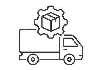 Delivery truck with gear and package icon, logistics concept vector illustration, shipping and transportation service symbol, supply chain and cargo management graphic, transparent background
