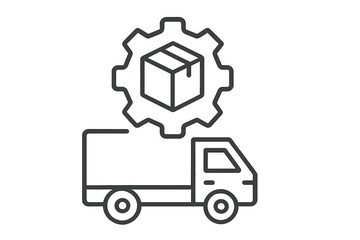 Delivery truck logistics icon with parcel symbol, vector gear with package concept, transportation and shipping service illustration, cargo management graphic, transparent background