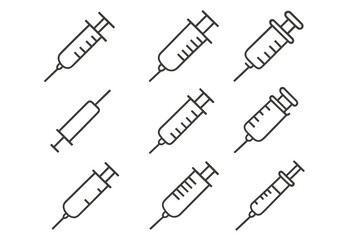 Syringe Outline Web Line Icons Collection, Minimalistic Linear Medical Pictogram Set for Web, Graphic Design, Apps, Banners, Social Networks, Cards, Vector Cartoon Illustrations