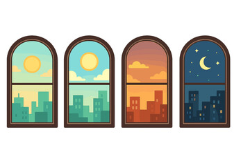 Four windows showing day, noon, sunset, and night. Cityscape time-lapse concept. 24-hour urban cycle. Morning to evening transition. City life cartoon vector illustration set.