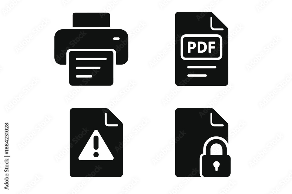 Poster printer, document management solid icon set. pdf file, security lock, and warning alert symbols. off