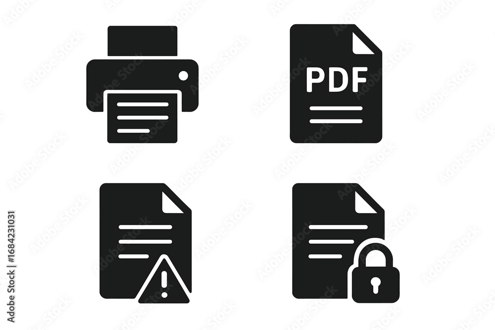 Poster printer and document management solid icon set. pdf file, security lock, and alert warning symbols. 