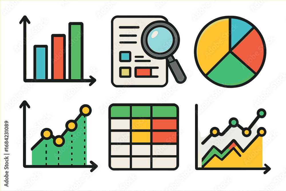 Poster colorful vector illustration of data analytics symbols including bar graphs, line charts, pie charts