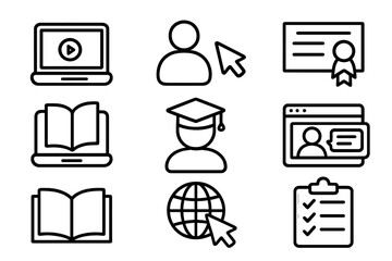 E-learning and online education line icon set. Course, webinar, certificate, graduation, and student symbols. Vector distance learning and knowledge pictogram collection.