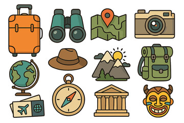 Travel and adventure icon set. Vector collection of tourism essentials for vacation and exploration. Luggage, map, compass, camera, backpack for hiking and cultural experiences.