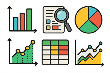 Obraz premium Colorful vector illustration of data analytics symbols including bar graphs, line charts, pie charts, magnifying glass on report, and data tables for business intelligence and analysis concepts