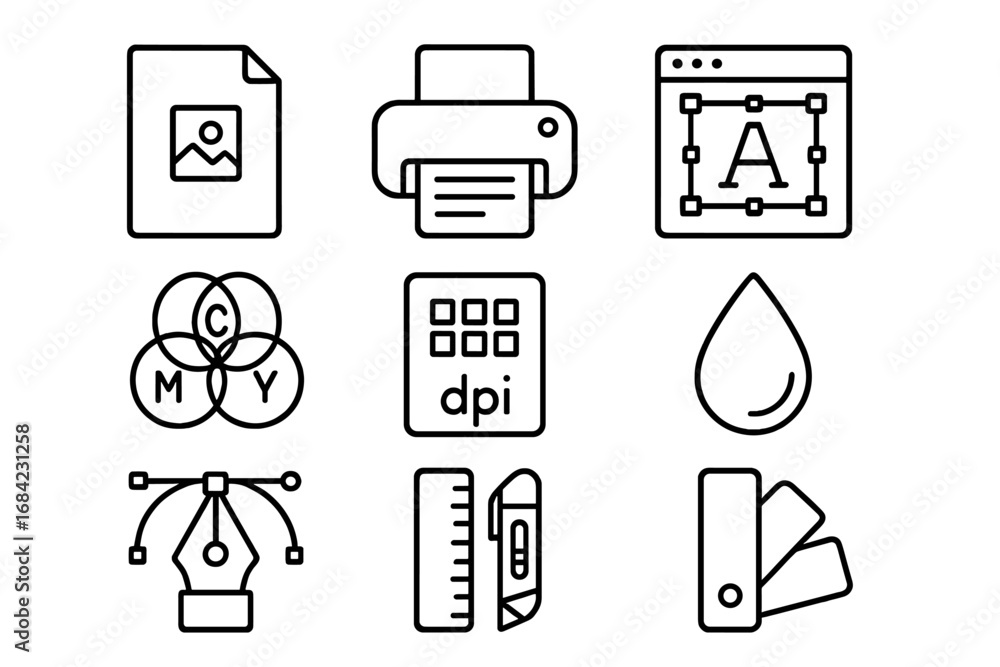 Poster printing essentials outline icon set. print and graphic design tools collection. vector line art sym