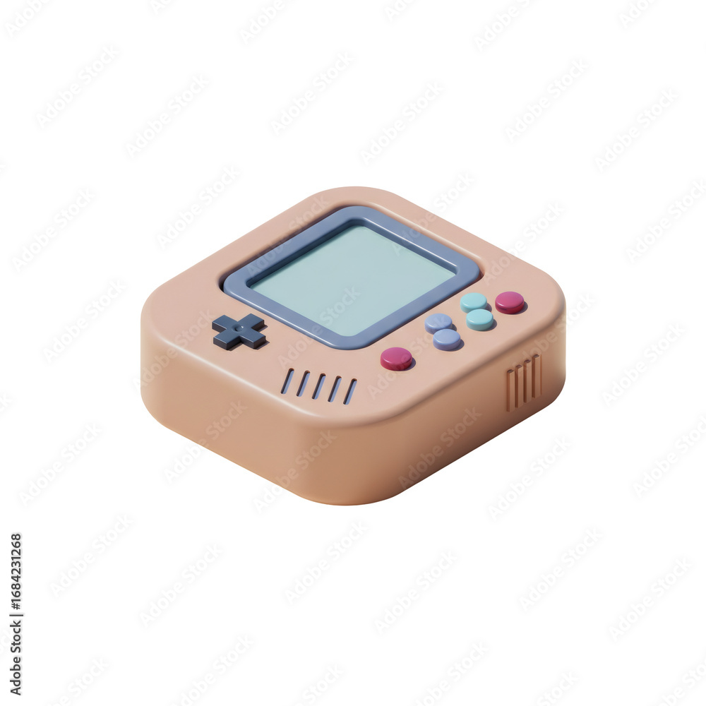 Aufkleber isometric view of a beige retro handheld game console with a blue screen and colorful buttons on a t