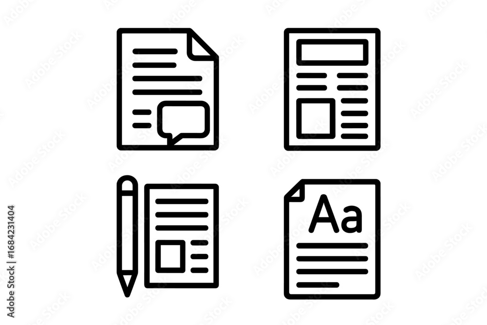Poster publishing and editorial line icon set for articles, layouts, and style sheets. vector illustration 