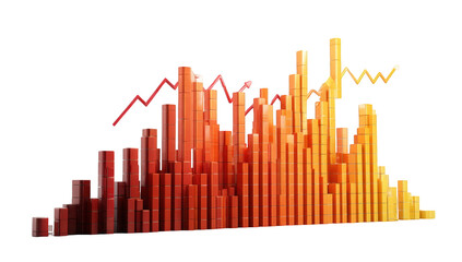 A vibrant, horizontal bar graph in warm orange and red hues, with rising and falling trend lines