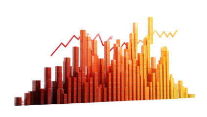 A vibrant, horizontal bar graph in warm orange and red hues, with rising and falling trend lines