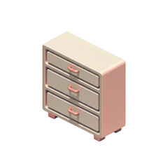 Isometric View of a White Three Drawer Dresser against Transparent Background for Home Interior Design and Storage Solution