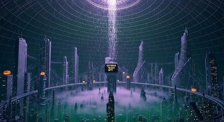Futuristic Halloween cityscape with a 'October 31st' digital billboard