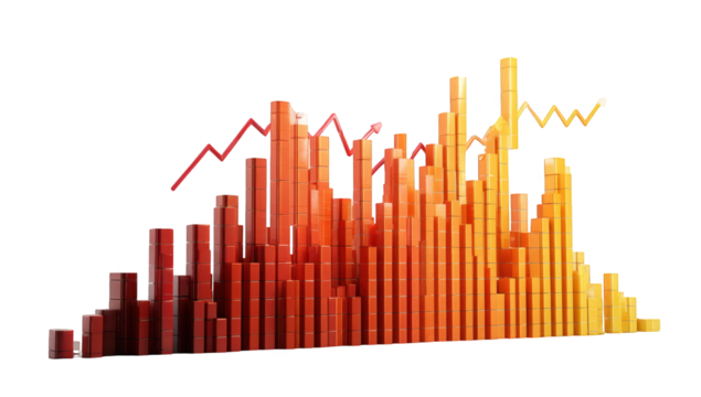 A vibrant, horizontal bar graph in warm orange and red hues, with rising and falling trend lines