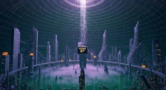 Futuristic Halloween cityscape with a 'October 31st' digital billboard
