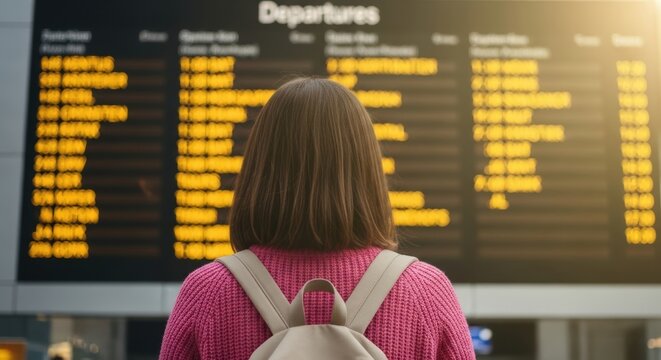 Woman with backpack looks at departures board in airport terminal with yellow flight information