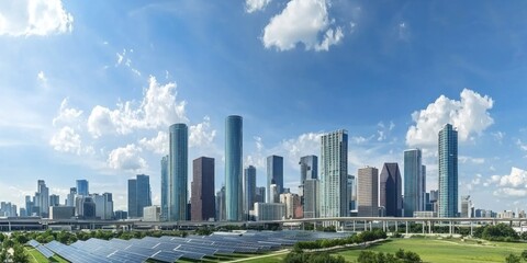 A modern city skyline with large solar farms and buildings covered in solar panels