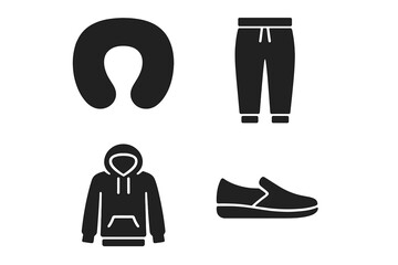 Travel comfort glyph icons set. Vector silhouettes of flight essentials. Neck pillow, joggers, hoodie, slip-on shoes. Comfy airport outfit and fashion for a vacation journey.