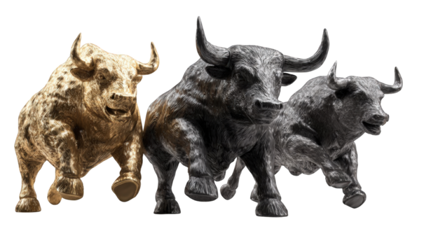 Three bronze bulls in a row