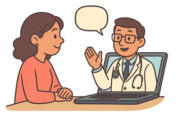 Patient woman on video call with doctor on laptop. Telemedicine, telehealth concept. Online medical consultation, remote healthcare service. Virtual appointment. Vector cartoon.