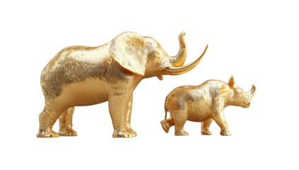Golden elephant and rhinoceros figurines