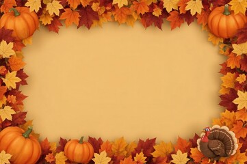 Fototapeta premium Autumn leaves, pumpkins, turkey frame, beige background, Thanksgiving