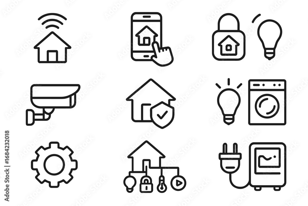Poster smart home linear icon set. home automation technology outline symbols. internet of things, security