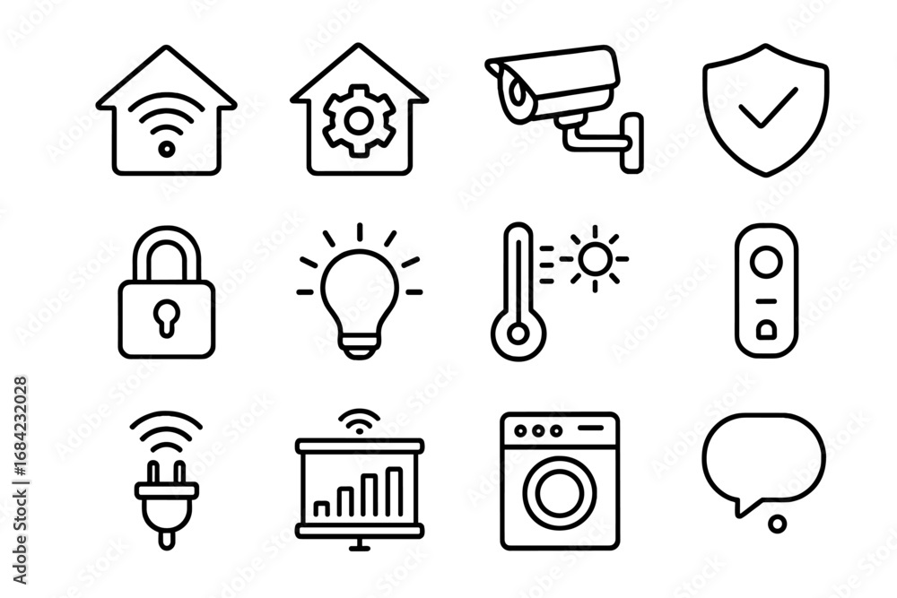 Poster smart home technology linear icon set. vector outline icons for home automation, security system, cl