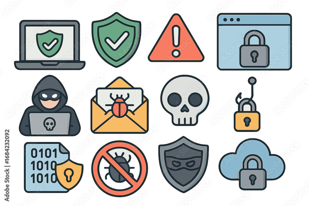 Poster cybersecurity icon set. vector symbols of hacker, virus, phishing, and data protection. concepts of 