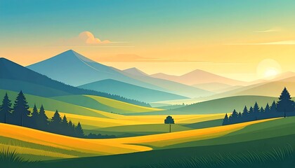 Sunrise Over Rolling Hills and Mountains.