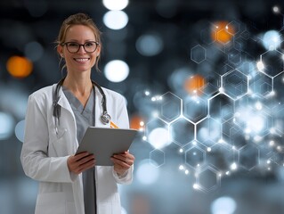 Smiling female doctor wea glasses holds a digital tablet with medical interface in a modern setting.