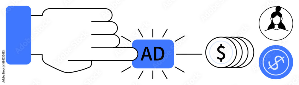 Poster hand presses ad button creating value with currency, user profile, and analytics. ideal for marketin
