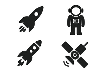 Space travel solid icon set. Rocket ship, astronaut, and satellite silhouette collection. Vector glyphs for cosmic exploration, astronomy, and science graphic design elements.