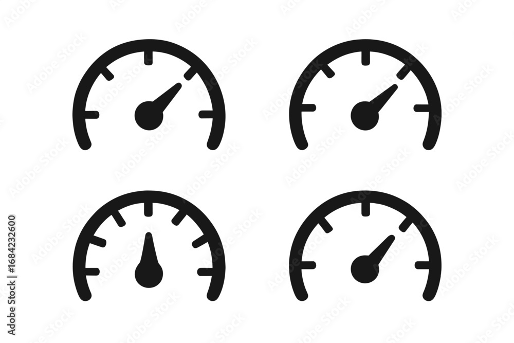 Poster speedometer gauge icon set. tachometer, indicator and performance meter symbols. vector flat minimal